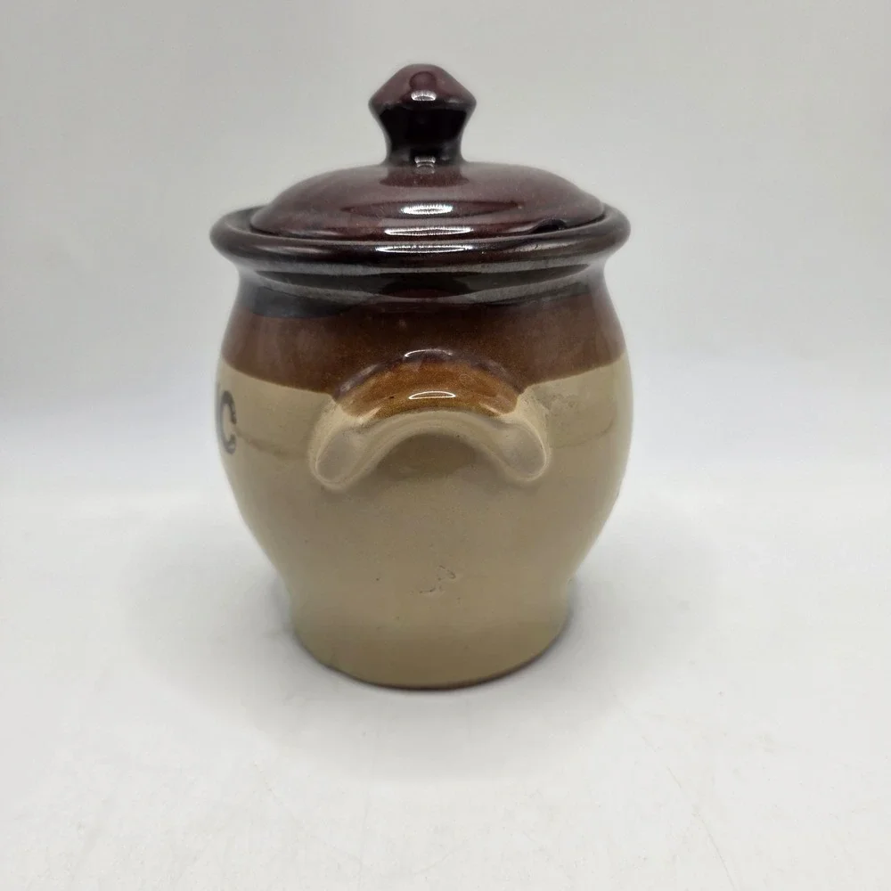 Stoneware Garlic Keeper Crock Brown Tan Two Tone Glazed Farmhouse Kitchen
